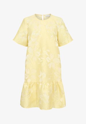 Svetložlté krátke šaty s jemným kvetinovým žakárovým vzorom a volánovým lemom, s okrúhlym výstrihom a zadným zipsom.
