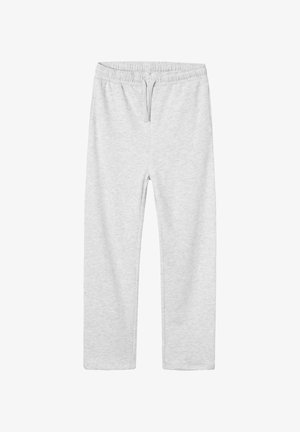 Gaiši pelēkas sporta bikses, izgatavotas no mīksta materiāla. Tām ir elastīgs jostasvads ar auklu un taisnas, vaļīgas kājas.