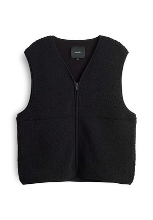 Gilet in pile nero con chiusura a zip sul davanti, due tasche frontali e scollo rotondo. Tessuto morbido con un design rilassato e senza maniche.