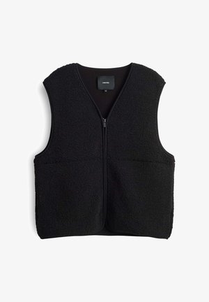 Schwarze Fleece-Weste mit einem Reißverschluss vorne, zwei Fronttaschen und einem runden Halsauschnitt. Weiche Textur mit einem lässigen, ärmellosen Design.