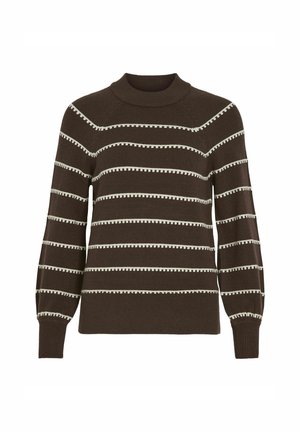 Brun sweater med høj neck og lange ærmer, med hvide vandrette striber og dekorativ kant langs striberne.