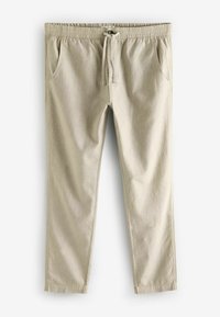 Beige, lightweight pants with an elastic waistband and drawstring, featuring two side pockets and a straight leg design. Smooth fabric texture.
