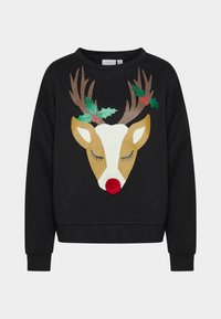 Svart sweatshirt med ett ren-design med guld- och vit päls, bruna horn, gröna mistelblad och en röd pom-pom näsa.