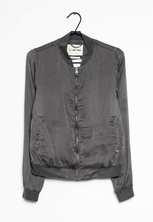 Gray bomber jacket with a zip front, made of shiny fabric. Features a ribbed collar, cuffs, and two side pockets.