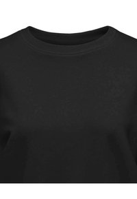 Must mustrag, �ümmarguse kaelusega, lühikeste varrukatega, sile tekstuur ja ilma nähtavate mustrite või graafikata. Klassikaline, minimalistlik disain.