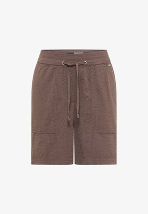 Braune Shorts aus strukturiertem Stoff mit elastischem Bund und Kordelzug, vorne aufgesetzte Taschen und Metallösen.