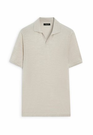 Beige poloshirt med korte ærmer, flad krave og V-hals, vist fladt mod en hvid baggrund.