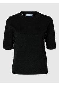 Musta lyhythihainen paita, joka on valmistettu pehmeästä materiaalista ja jossa on pyöreä pääntie. Paita sisältää hienovaraisen kiillon ja siistin, istuvan muotoilun.