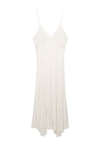 Abito bianco senza maniche con superficie texturizzata, caratterizzato da una scollatura a V e una silhouette fluida a forma di A. Tessuto leggero e morbido con pieghe sottili.