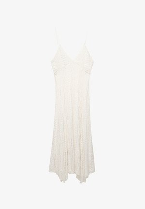 White, sleeveless dress with a textured surface, featuring a V-neckline and a flowy, A-line silhouette. Light, soft fabric with subtle pleats.