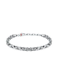 Bracciale in argento con maglie rettangolari intrecciate, finitura lucida e un gancio con un piccolo accento rosso.