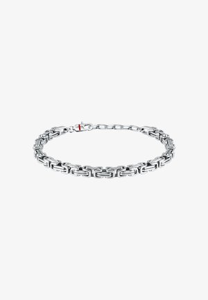 Bracciale in argento con maglie rettangolari intrecciate, finitura lucida e un gancio con un piccolo accento rosso.