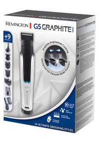 Remington G5 Graphite trimmer med et sort og sølv design. Inkluderer ni vedhæftninger, LED-indikator og vandtætte funktioner.