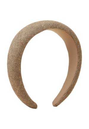 Padded beige herringbone fabric headband with a curved shape and soft interior lining.