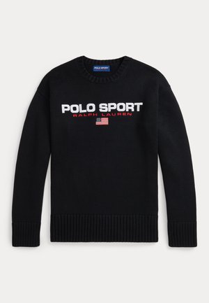 Pull en maille noir avec un col rond et des poignets côtelés. L'avant affiche "POLO SPORT" en blanc et "RALPH LAUREN" en rouge, accompagné d'un petit drapeau américain.