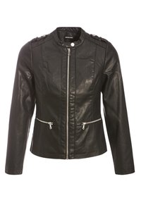 Veste en simili cuir noir avec fermeture éclair à l'avant, deux poches zippées à l'avant et épaulettes sur les épaules. Dotée d'un col montant et d'une coupe ajustée.