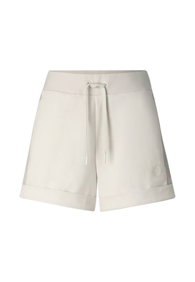 Shorts décontractés gris clair avec taille à cordon et ourlets repliés, présentés sur un fond blanc.