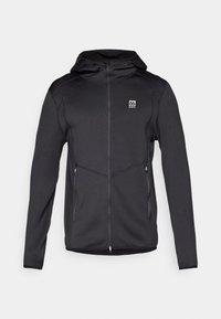 Felpa nera con zip realizzata in tessuto liscio e elastico. Presenta un cappuccio, tasche laterali con zip e un piccolo logo sulla parte superiore sinistra del petto.
