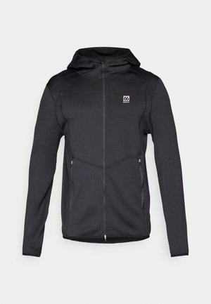 Black zip-up hoodie made from smooth, stretchable fabric. Features a hood, side zip pockets, and a small logo on the upper left chest.