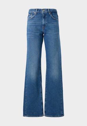 Jean bleu à jambes larges avec une finition décolorée, en denim, présentant un design classique à cinq poches et une fermeture à bouton en laiton à la taille.