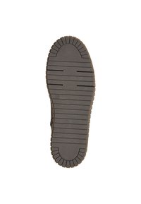 Semelle de chaussure avec une surface en caoutchouc texturée, présentant des rainures profondes pour une traction ; de couleur brune avec un devant arrondi et un talon plat.