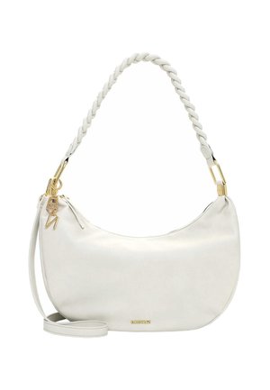 Borsa bianca a mezzaluna con manico intrecciato, finiture dorate, piccolo nappina laterale e tracolla removibile.