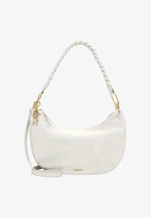 Borsa bianca a mezzaluna con manico intrecciato, finiture dorate, piccolo nappina laterale e tracolla removibile.