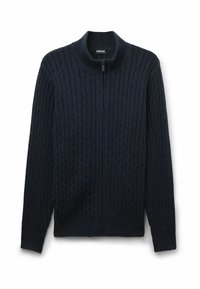 Sweatshirt zippé bleu marine foncé avec un motif en tricot à câble texturé, col haut, manches longues, et ourlet et poignets côtelés.