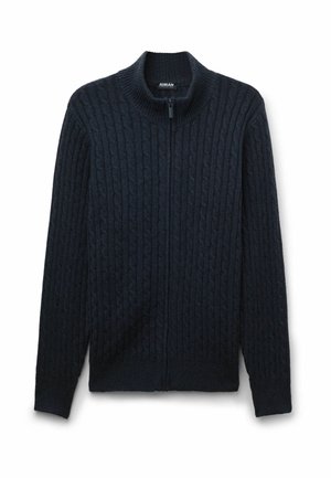 Sweatshirt zippé bleu marine foncé avec un motif en tricot à câble texturé, col haut, manches longues, et ourlet et poignets côtelés.