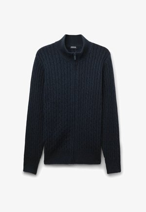 Dunkelblaues Zip-up Sweatshirt mit strukturiertem Zopfmuster, hohem Kragen, langen Ärmeln sowie geripptem Saum und Bündchen.