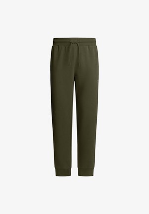 Olivenfarvede sweatpants lavet af blødt materiale med elastisk talje og snoretræk. Afklippede ankler og ingen synlige lommer eller mønstre.