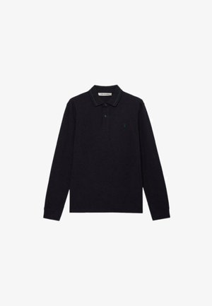 Zwarte poloshirt met lange mouwen van katoen, voorzien van een kraag met groene rand, een placket met twee knopen en een klein groen logo op de borst.