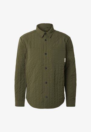 Giacca camicia trapuntata a maniche lunghe verde oliva con bottoni sul davanti, due tasche sul petto e colletto.