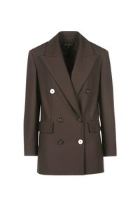 Blazer marrón de doble botonadura con hombros estructurados, dos bolsillos frontales, botones blancos en contraste y textura de tela suave.