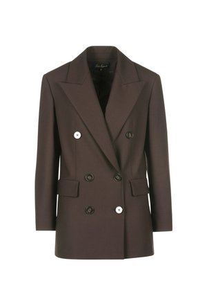 Double-breasted brown blazer with structured shoulders, two front pockets, contrasting white buttons, and smooth fabric texture.