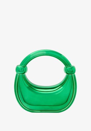 Grøn akryltaske med en rund form, glat tekstur og et tykt håndtag. Har et sømløst design og en blank finish.