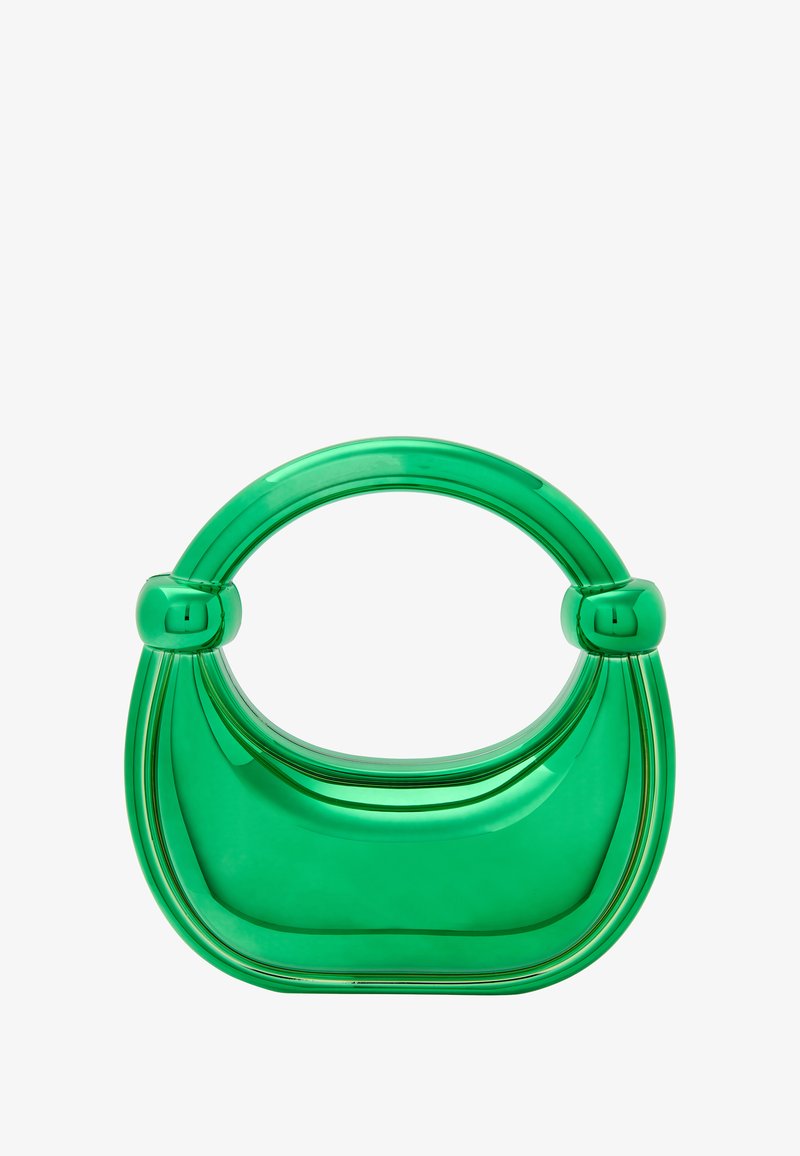 Vihreä akryylikäsilaukku pyöreällä muodolla, sileällä pinnalla ja paksulla kahvalla. Ominaisuuksiin kuuluu saumatön muotoilu ja kiiltävä viimeistely.