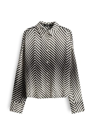 Long-sleeve button-up shirt with black and white diagonal striped pattern and pointed collar.