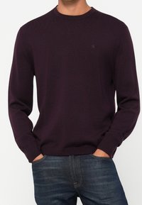 Violetti neulottu pyöreäkauluksinen paita, jossa pitkät hihat, hillitty logo rinnassa ja teksturoitu viimeistely. Yhdistetty farkkuihin.