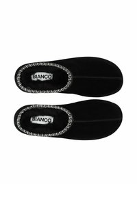 Pair of black slip-on slippers with soft lining and patterned trim, branded "BIANCO" visible inside each slipper.