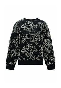 Sweatshirt noir avec broderie florale blanche, manches longues, col rond et poignets et ourlet côtelés. Tissu doux avec des détails texturés.