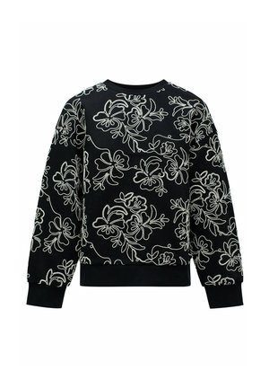 Sweatshirt noir avec broderie florale blanche, manches longues, col rond et poignets et ourlet côtelés. Tissu doux avec des détails texturés.