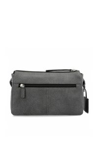 Graue, strukturiertes Leder-Crossbody-Tasche mit einem Reißverschluss oben, einer Fronttasche und abnehmbarem Träger. Verfügt über elegante Beschläge und ein minimalistisches Design.