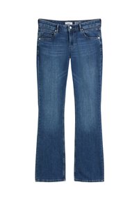 Blaue Denim-Bootcut-Jeans mit fünf Taschen, ausgefranstem Design und einem Reißverschluss. Die Nähte sind etwas heller als die Stofffarbe.