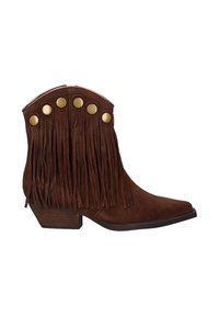 Botas de ante marrón hasta el tobillo con detalles de flecos, acentos dorados, punta afilada y tacón apilado. Acabado texturizado en la parte superior.