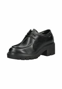 Chaussures noires en cuir à lacets avec un bout rond, semelle en caoutchouc épaisse et talon cubique surélevé, présentant une texture lisse et des détails de design subtils.