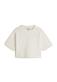 Afskåret hvid T-shirt lavet af bomuld, med rund hals og korte ærmer. Detaljer inkluderer præget tekst "MADE FOR THE ELEMENTS."