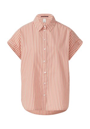 Kurzärmliges Hemd mit Kragen und Knopfleiste, in vertikalen rosa- und cremefarbenen Streifen, aus leichtem Stoff gefertigt, mit abgerundetem Saum.