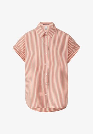 Kurzärmliges Hemd mit Kragen und Knopfleiste, in vertikalen rosa- und cremefarbenen Streifen, aus leichtem Stoff gefertigt, mit abgerundetem Saum.