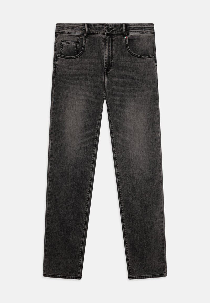 Jean noir délavé à jambe droite avec poches avant et passants de ceinture, présenté à plat sur un fond blanc.